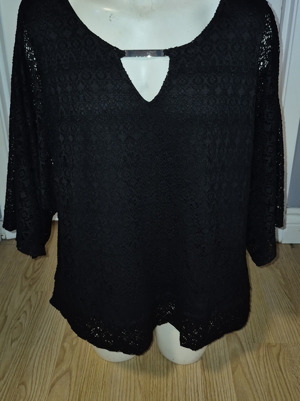 Hailey Lyn Dolman Sleeve Women's Black Lace Keyhole Blouse